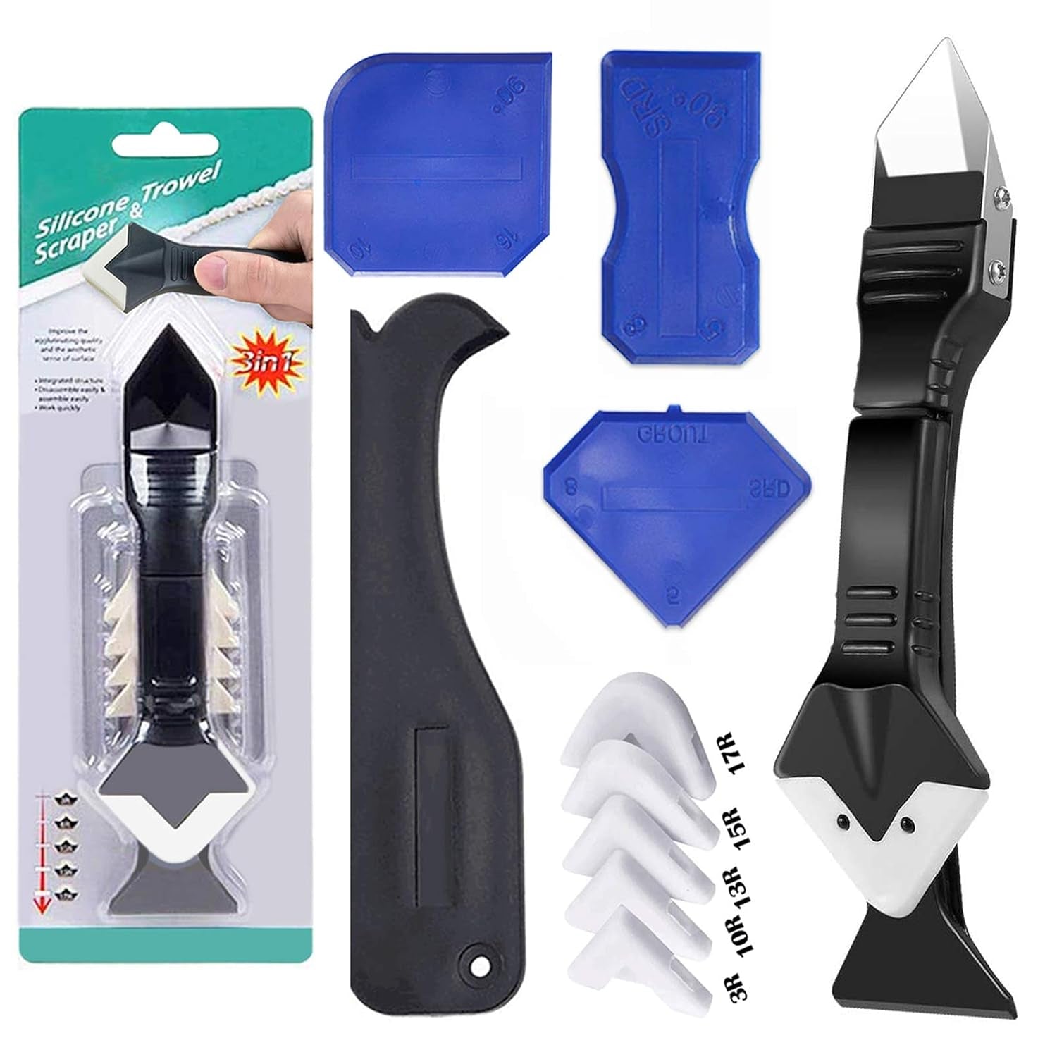 11Pcs Caulking Tools, 3 in 1 Silicone Caulking Finishing Tool Kit(Stainless Steelhead), Reuse and Replace 5 Silicone Pads, Sealant Caulk for Kitchen Bathroom Window, Sink Joint