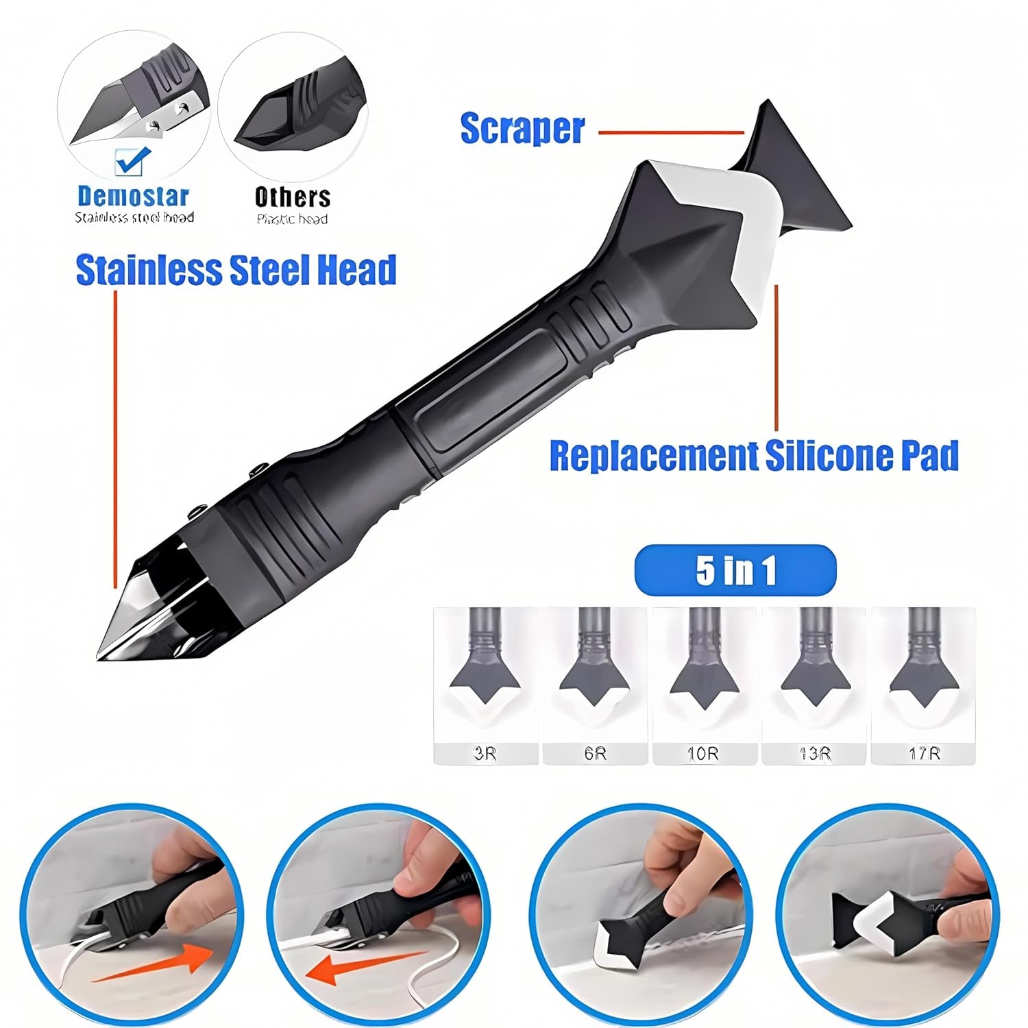 11Pcs Caulking Tools, 3 in 1 Silicone Caulking Finishing Tool Kit(Stainless Steelhead), Reuse and Replace 5 Silicone Pads, Sealant Caulk for Kitchen Bathroom Window, Sink Joint